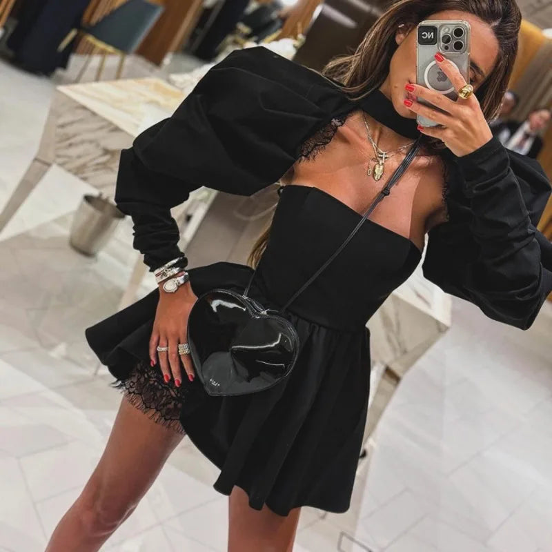 Puff Long - sleeved Black Mini Dress