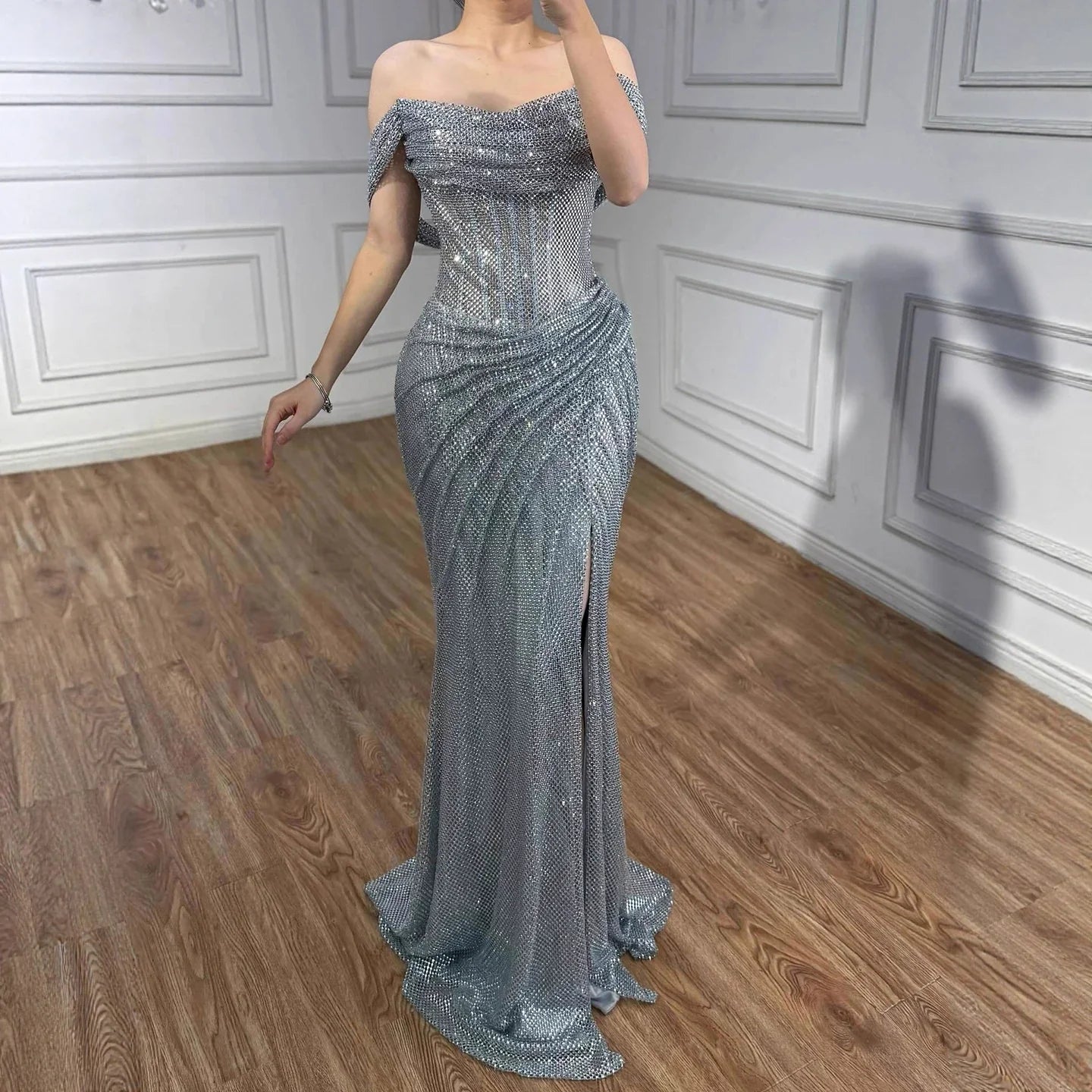 Zapdress 2026 Silver Off Shoulder Mermaid Sparkle Evening Dress Elegant Wedding Party Gowns for Women Customized (ZD17182)