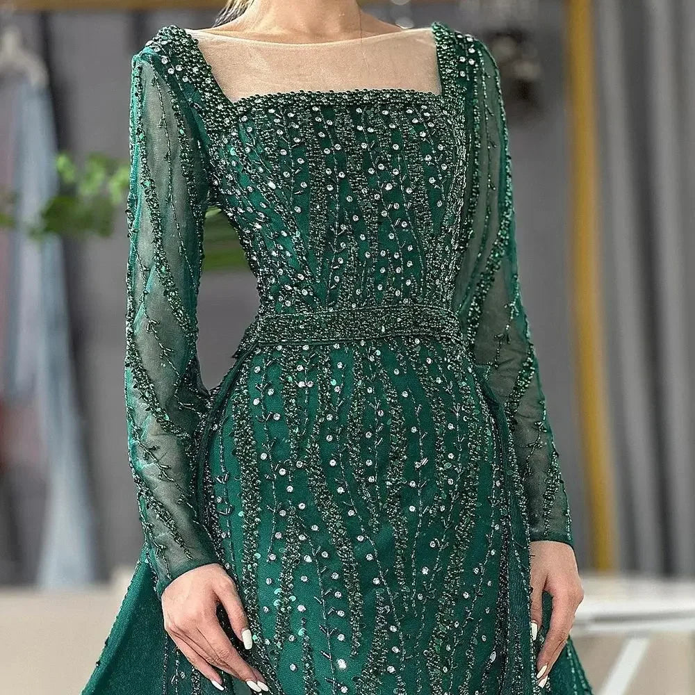 Zapdress Customized Wine red Long Sleeves Mermaid Beaded Evening Dresses with Overskirt Party Gowns for Women (ZD17206)