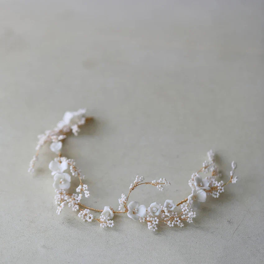 Porcelain Flower Headband Hairband Gold Color Headpiece For Brides Women Girl Headdress Bridal Jewelry Wedding Hair Accessories