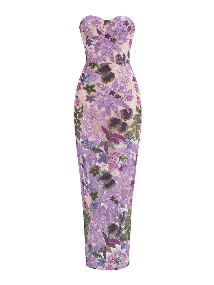 Floral - Embellished Sequin Lavender Ankle Length Dress