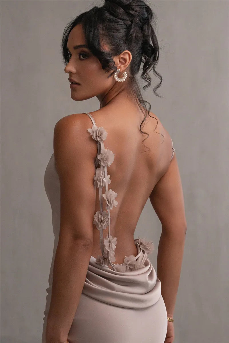 3D Flower Draped Open Back Maxi Dress