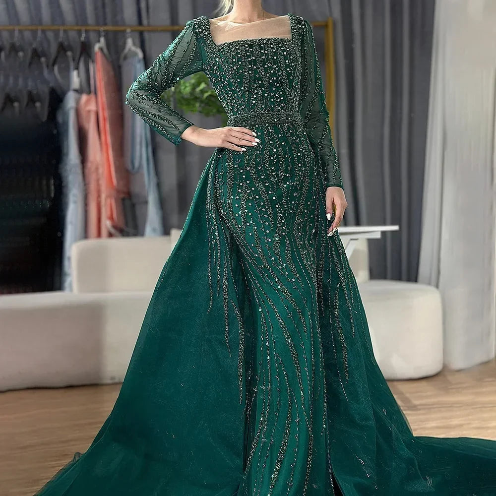 Zapdress Customized Wine red Long Sleeves Mermaid Beaded Evening Dresses with Overskirt Party Gowns for Women (ZD17206)