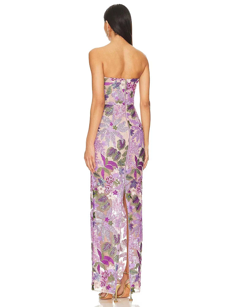 Floral - Embellished Sequin Lavender Ankle Length Dress
