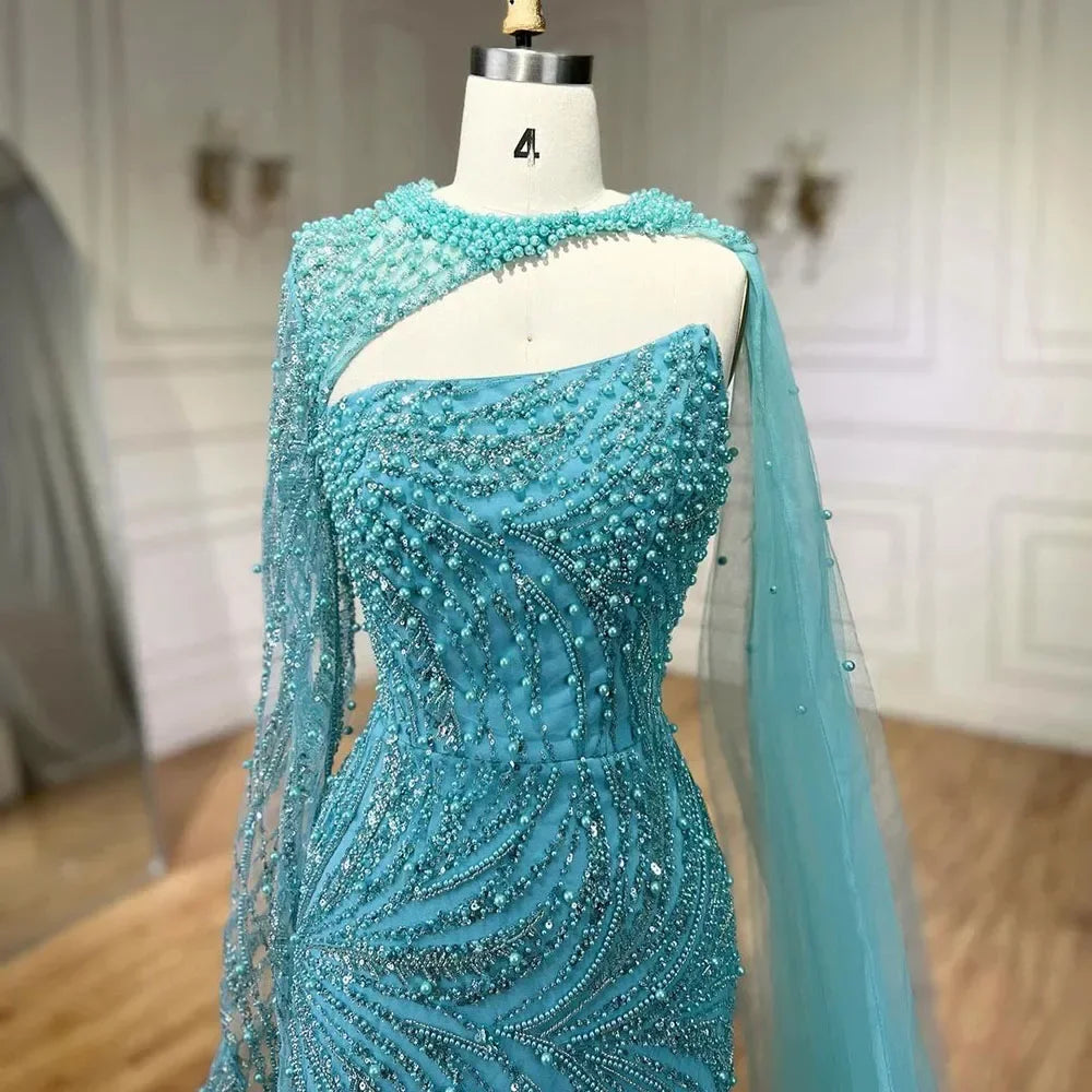 Zapdress Customized Blue Mermaid High Split Pearls Beaded Evening Dress with Glove Formal Party Gowns For Women 2026 (ZD17303)