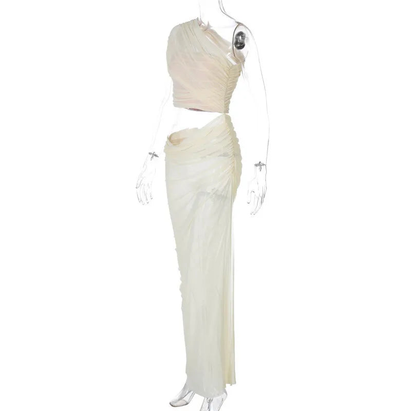 Mesh Backless One - Shoulder Long Dress