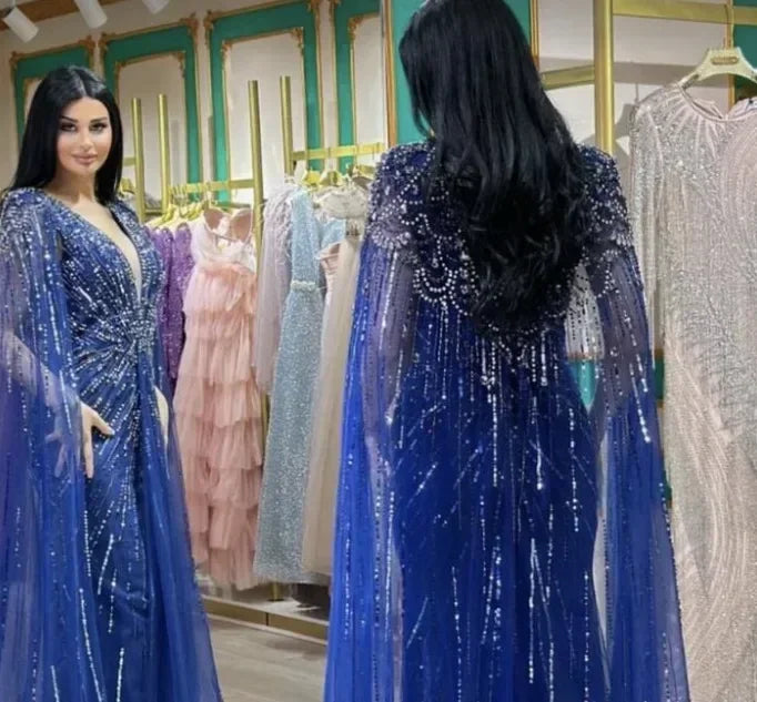 Zapdress V-neck Turquoise Beaded Mermaid Evening Dress with Cape Plus Size Party Gowns for Women DLA72168A Customized (ZD17231)