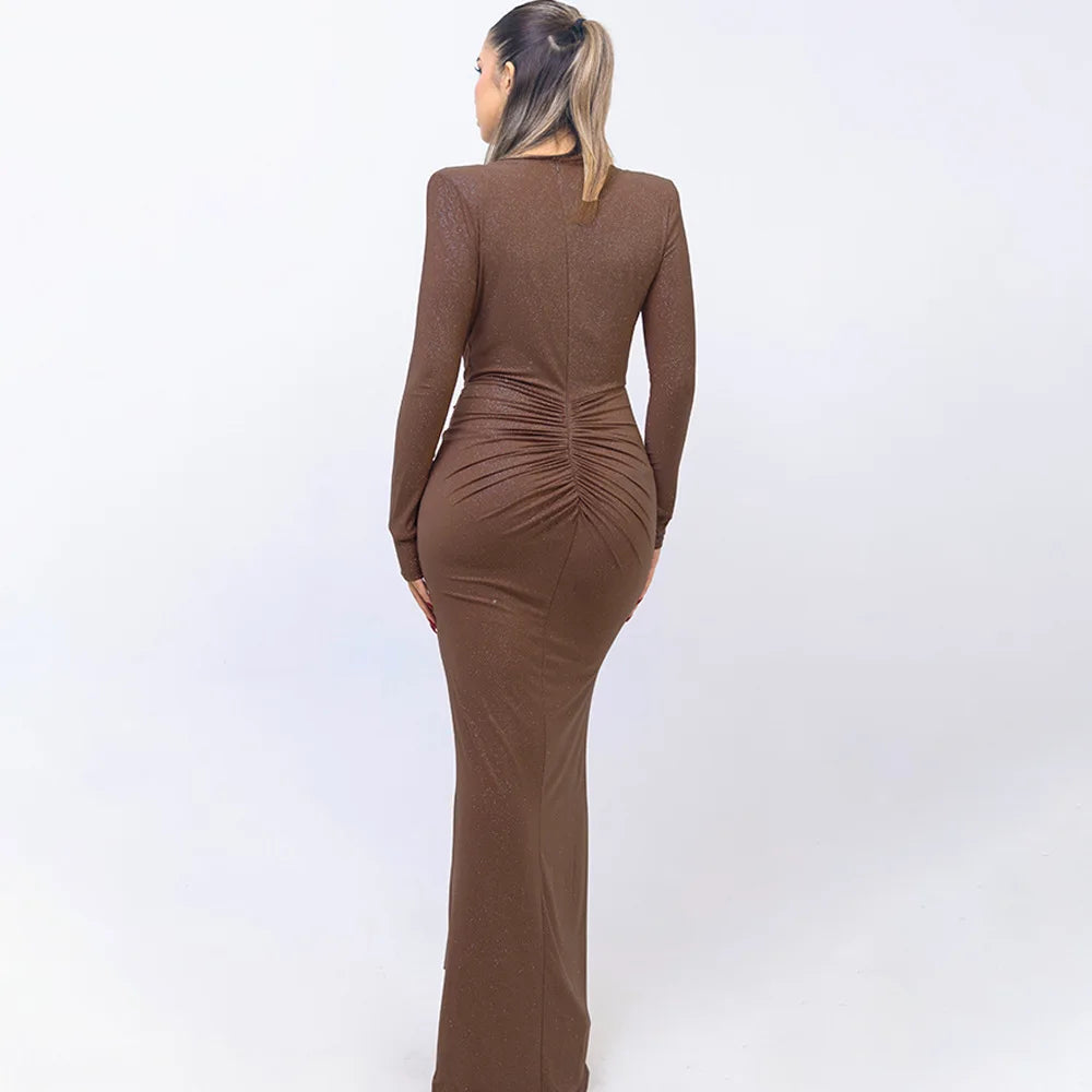 Elastic Deep V - Fold Lace Maxi Dress
