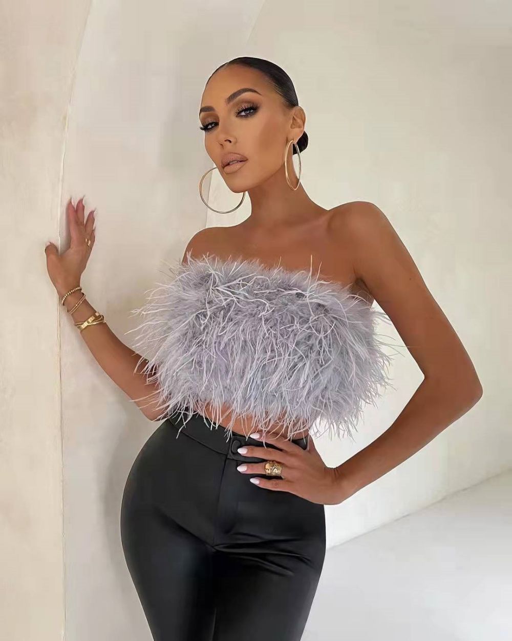 Faux Ostrich Feather Soft Fur Tank Short Vest Colorful Backless Nightclub Tube Top