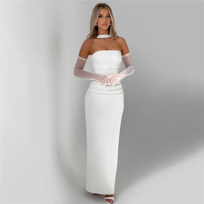 Mesh Sleeve Off - shoulder Long Dress