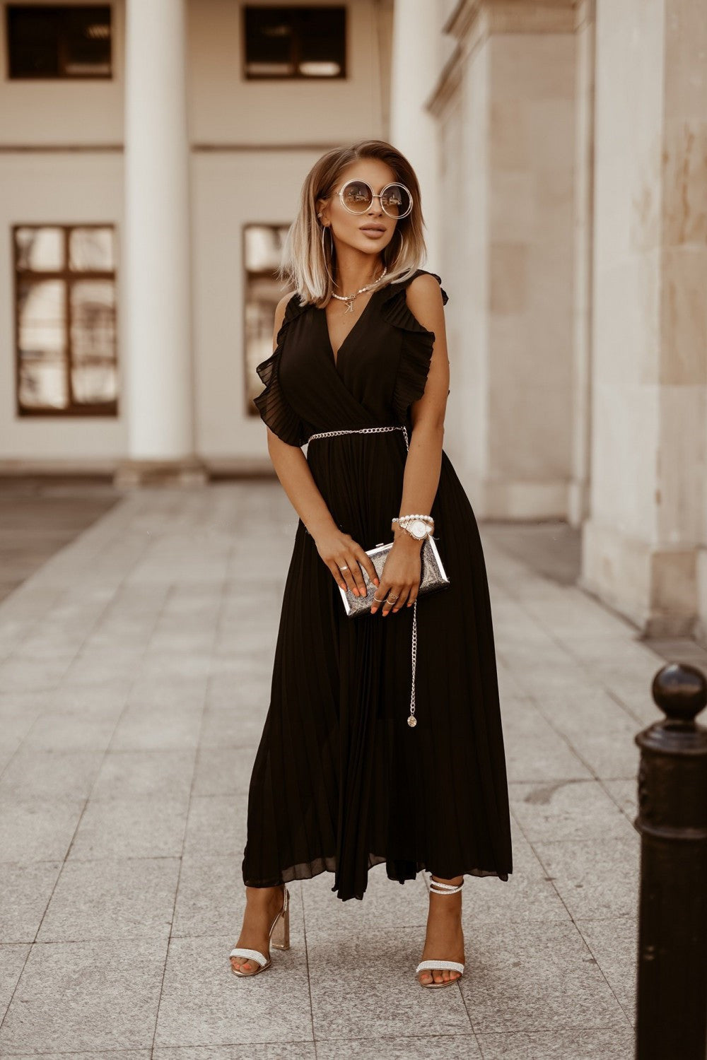 Celia Effortless Black Maxi Dress with Pleats Statement Occasion Edit