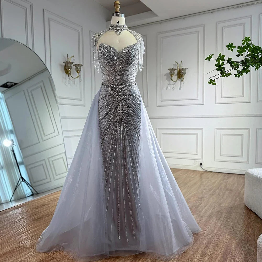 Zapdress Nude Mermaid Tassel Beaded Evening Dress with Detachable Overskirt Formal Party Gown for Women DLA73182 Customized (ZD17178)
