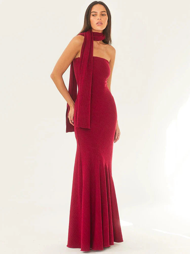 Scarf Strapless Pleated Maxi Dress - View 4 | VelvetHem