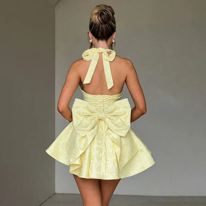Women's Bow Deep V Halter Backless A - line Dress