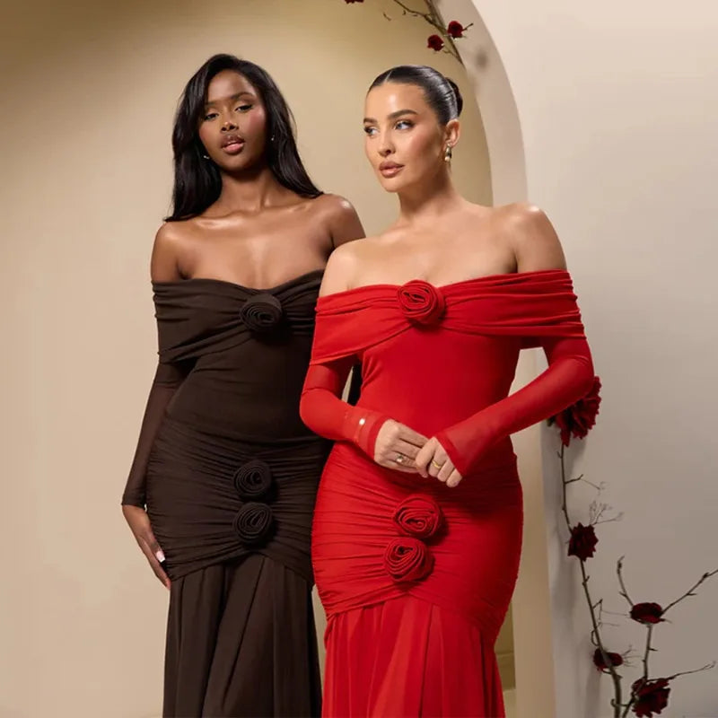 3D Flower - appliqué Mesh Long Sleeve Fishtail Maxi Dress