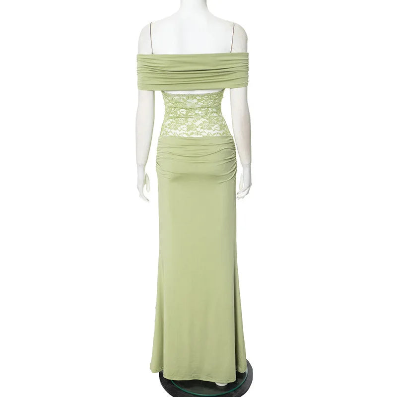 Off - shoulder Strapless Green Lace Sheer Long Dress