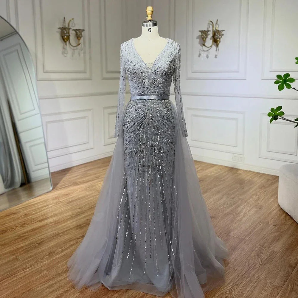 Zapdress Customized Turquoise Long Sleeves Mermaid Beaded Evening Dresses Overskirt Party Gowns For Women DLA72239A (ZD17191)
