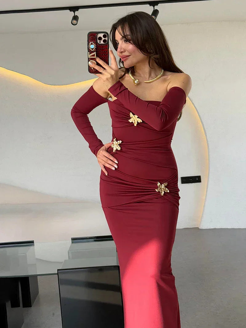 Metal Buckle Off - shoulder Backless Long Dress