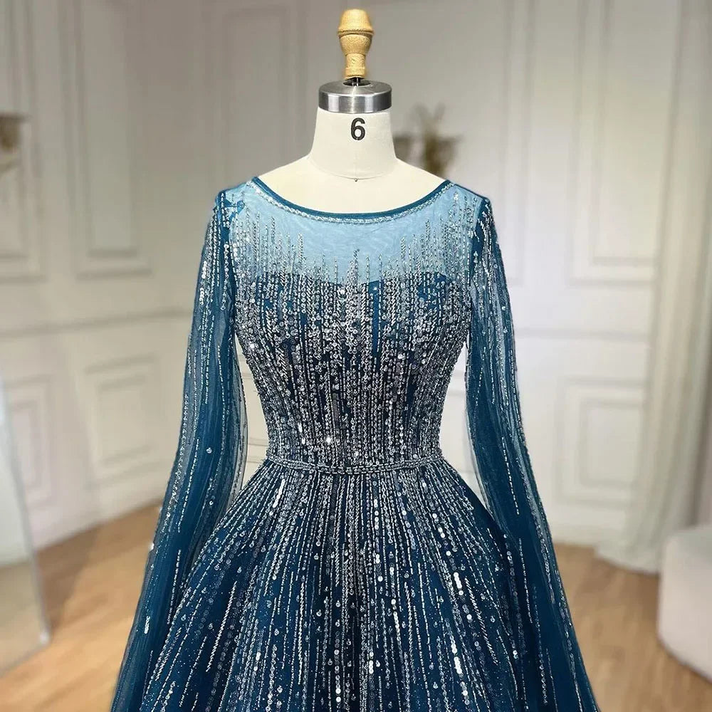 Zapdress Blue Cape Sleeves A-Line Beaded Evening Dresses Customized Party Gowns for Women DLA72248A (ZD17176)