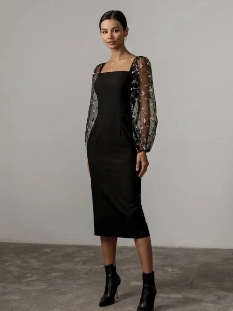 Isabella Boutique Evening and Party Dress with Square Neckline and Long Sleeves Premium Wardrobe Essential