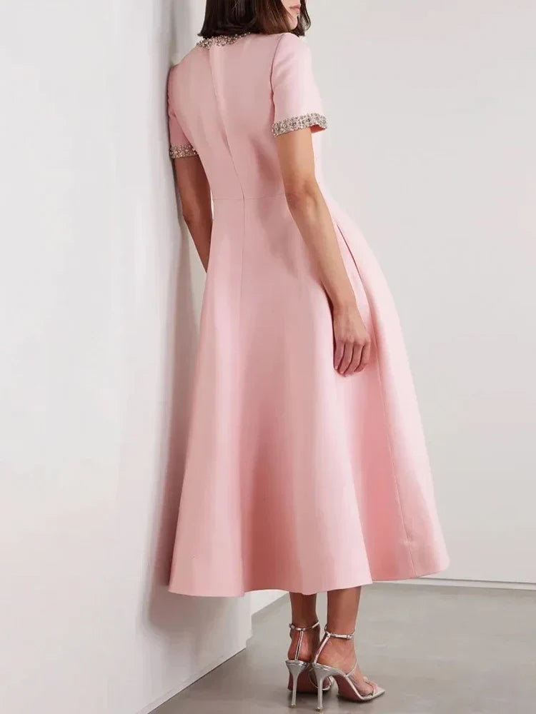 Diamond Edge Bowknot Short Sleeve Midi Dress