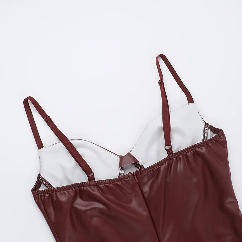 Solid PU Leather Splicing Strap Dress