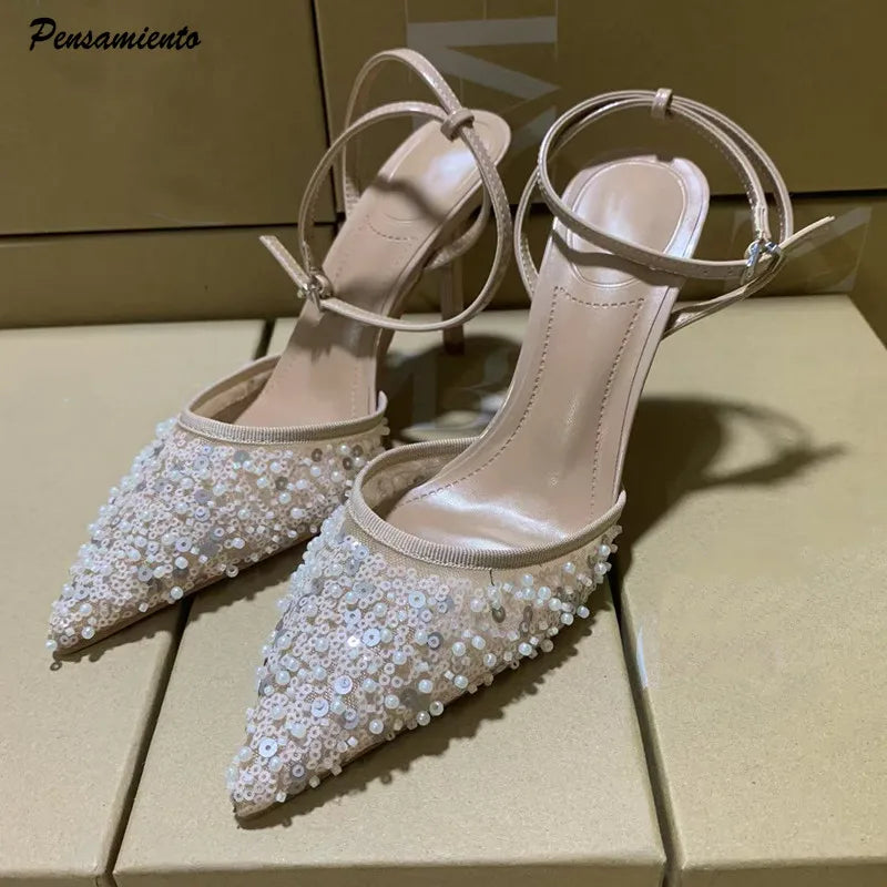 Luxury Pearls Sequined Air Mesh Women Pumps Summer Elegant Pointed toe Slingbacks Thin High heels Fashion Wedding Party Shoes - VelvetHem