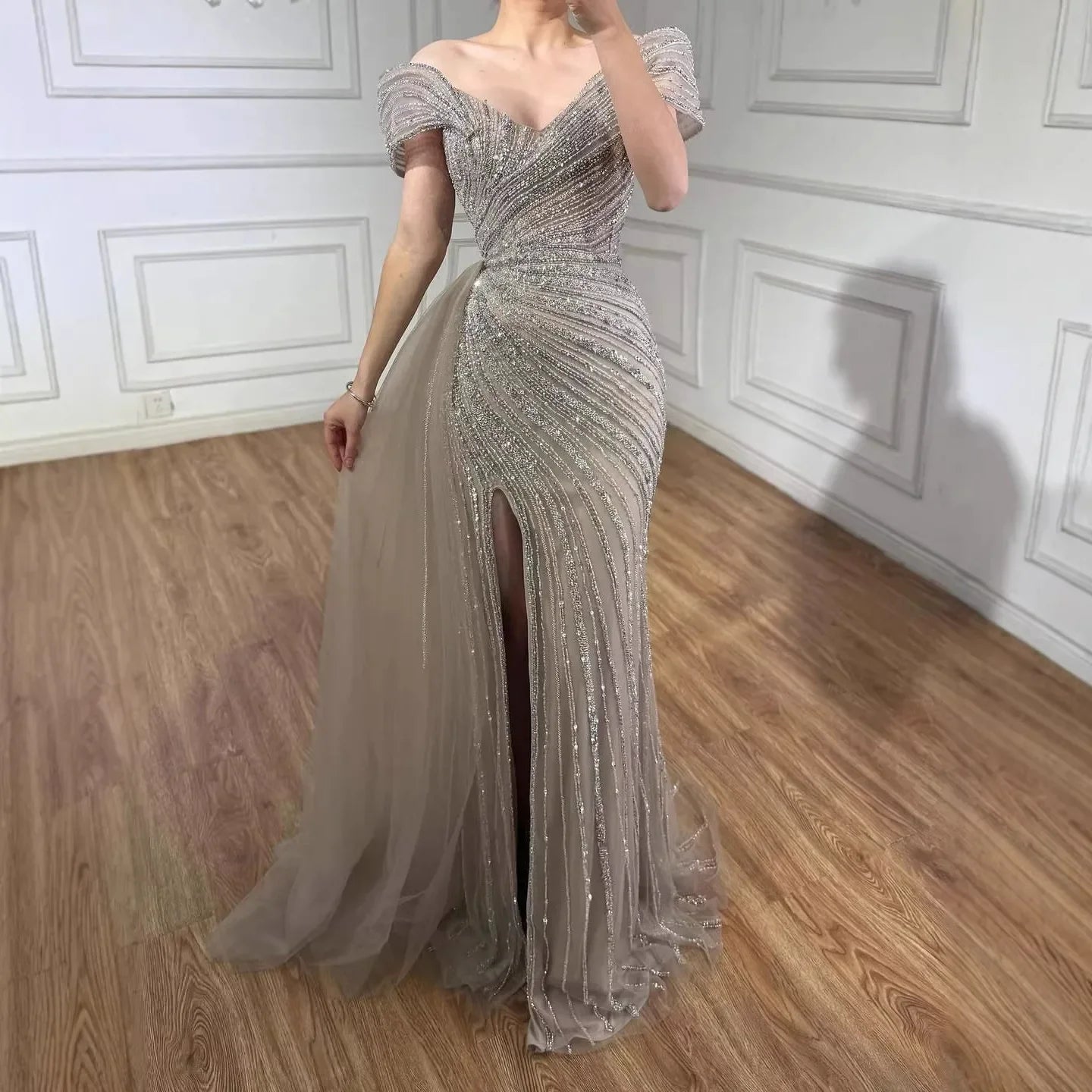 Zapdress Elegant Off Shoulder Mermaid Beaded Party Dress Luxury Split Open Evening Gown with Side Train Customized (ZD17256)