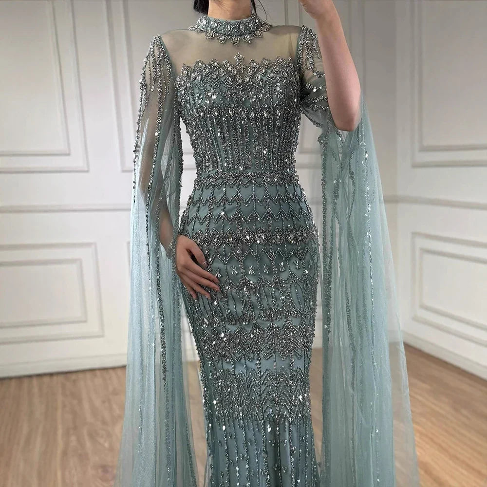 Zapdress Dubai Blue Beaded Evening Dress with Cape Sleeves 2025 Formal Party Gowns for Women DLA72714A Customized (ZD17279)