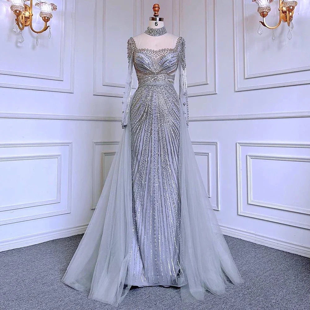 Zapdress Customized Nude Long Sleeves Beaded Mermaid Dubai Evening Dresses 2025 Muslim Party Gowns for Veiled Women (ZD17327)