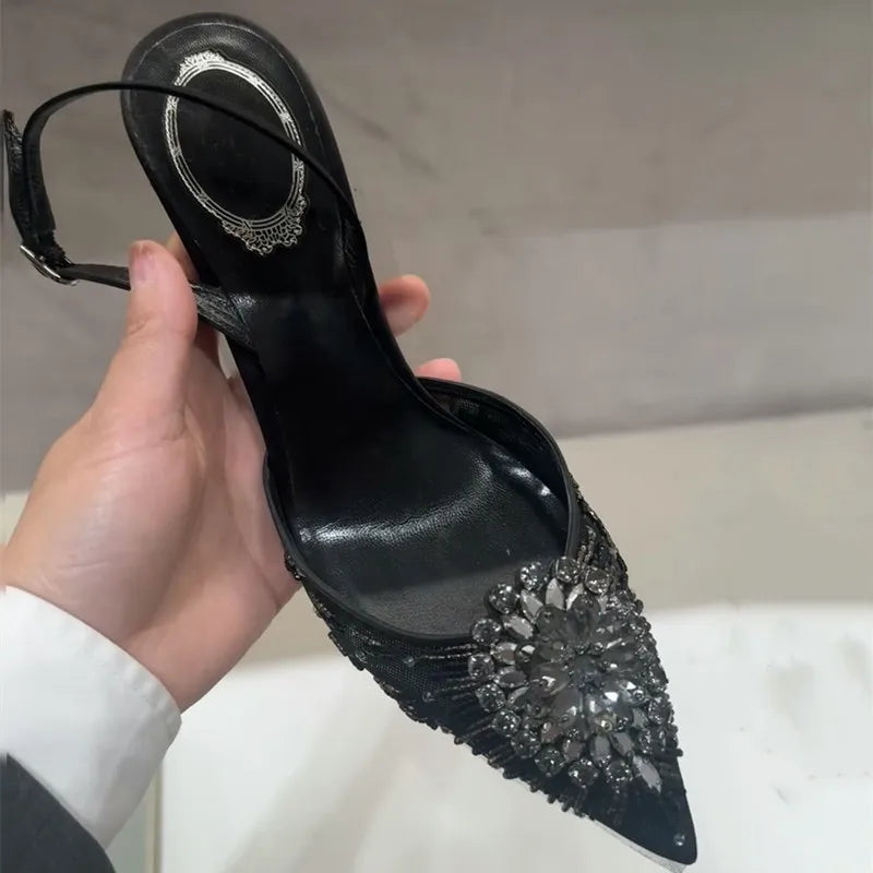 Luxury Diamond Pearls Lace Mesh Women Pumps Elegant Pointed toe Thin High heels Fashion Summer Slingbacks Wedding Party Shoes - View 8 | VelvetHem