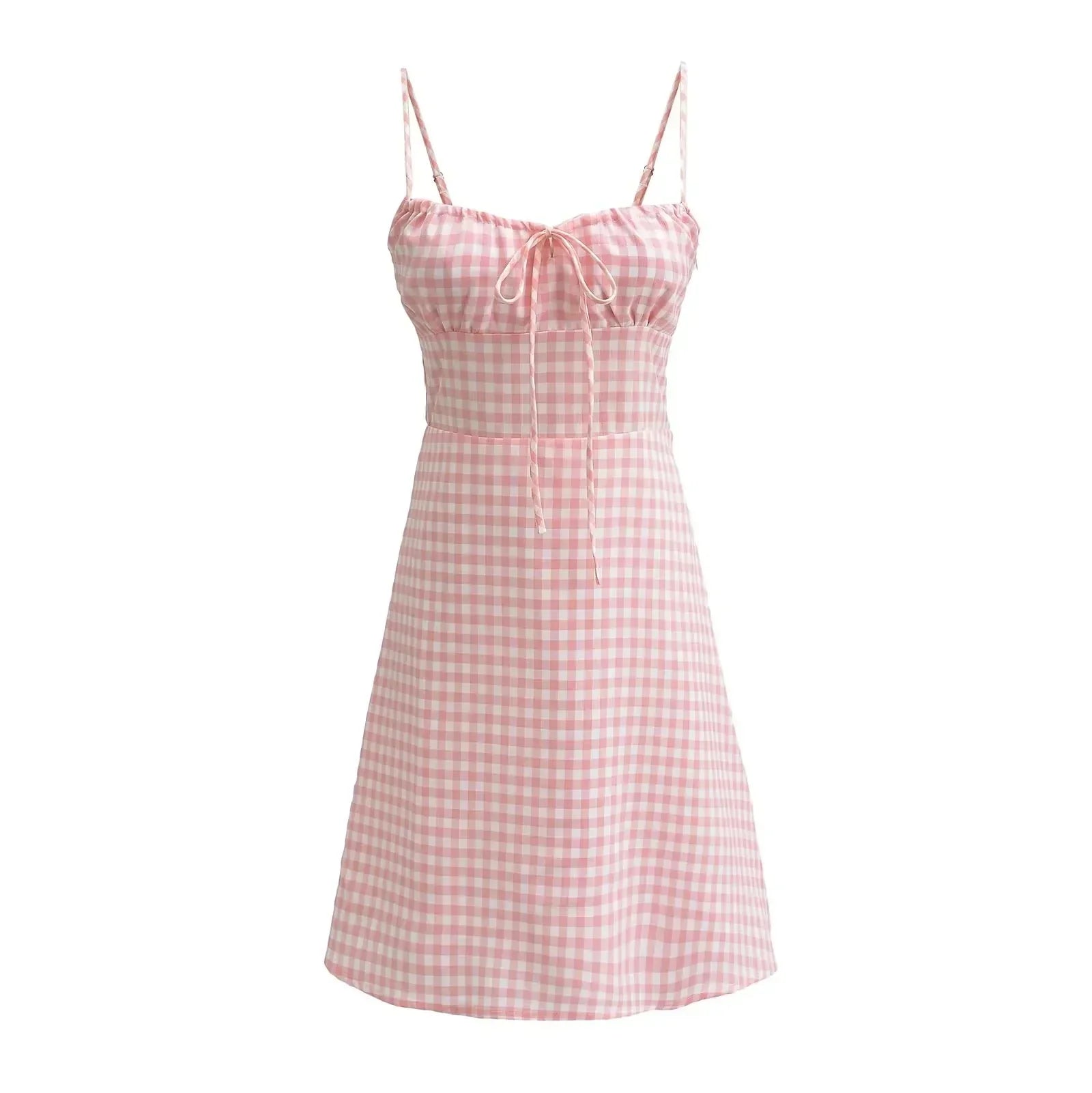 Spaghetti Strap Tie Up Plaid Pink Midi Dress