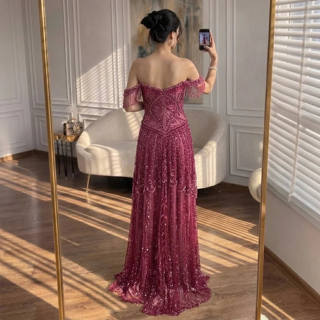 Zapdress 2026 Off-Shoulder Fuchsia Beaded Evening Dress Elegant Wedding Party Gown for Women DLA73594 Customized (ZD17243)