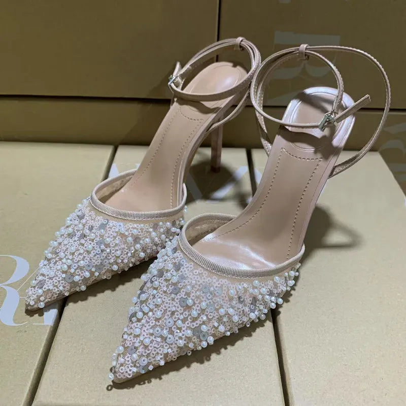 Luxury Pearls Sequined Air Mesh Women Pumps Summer Elegant Pointed toe Slingbacks Thin High heels Fashion Wedding Party Shoes - View 8 | VelvetHem