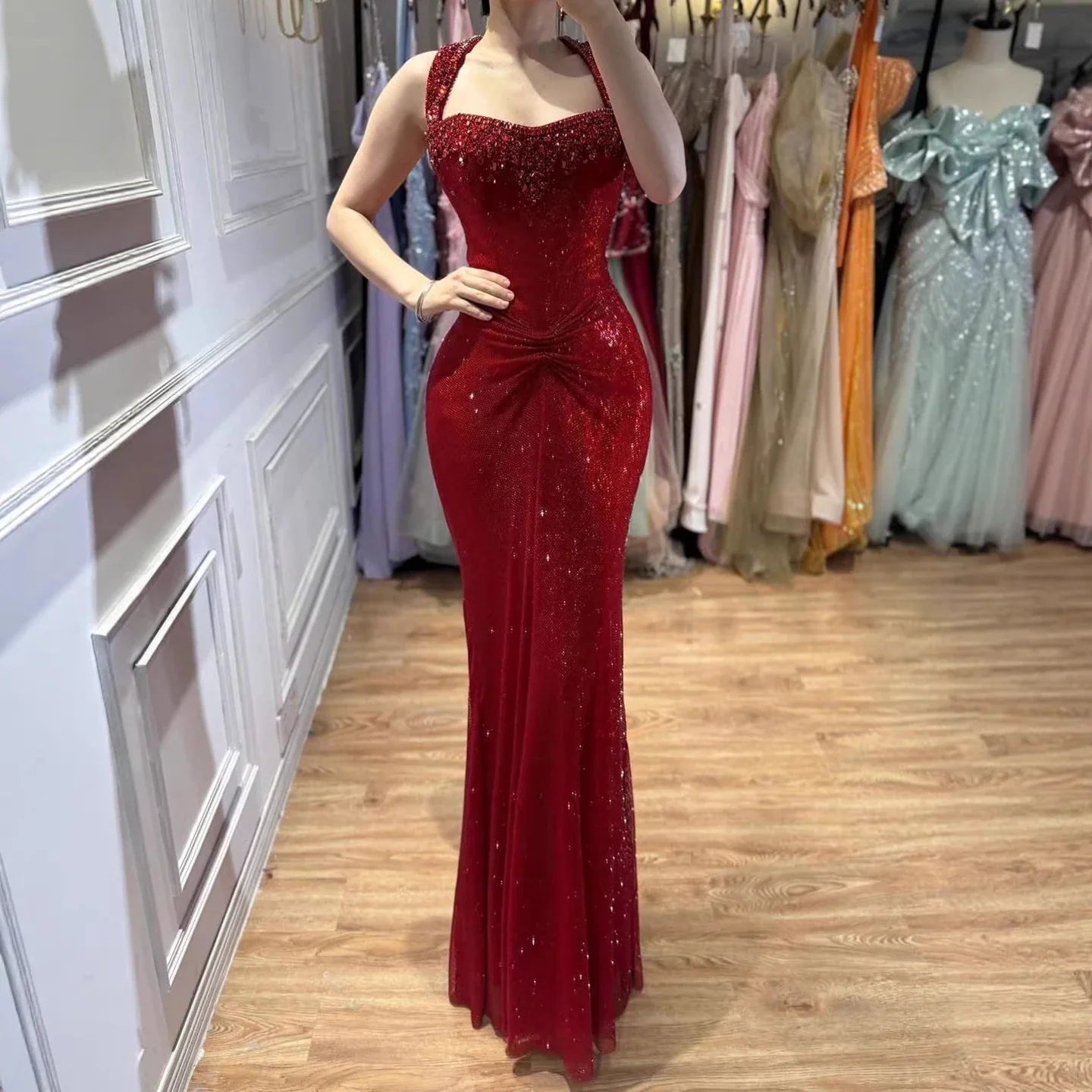 Zapdress Rose Gold Mermaid Beaded Evening Dress Elegant Sparkly Wedding Party Gown with Ruched Waist DLA73410B Customized (ZD17276)