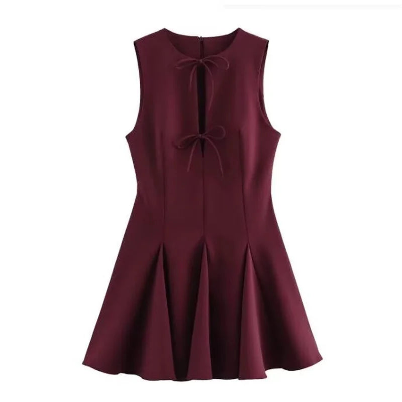 Hollow Out Bow Sleeveless Pleated Short Dress