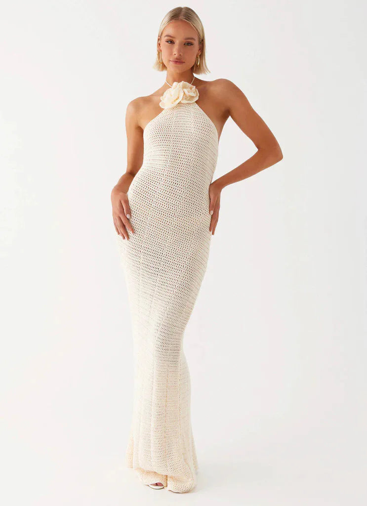 Knitted Crochet Slim Halter Beachwear Cover - Up Dress