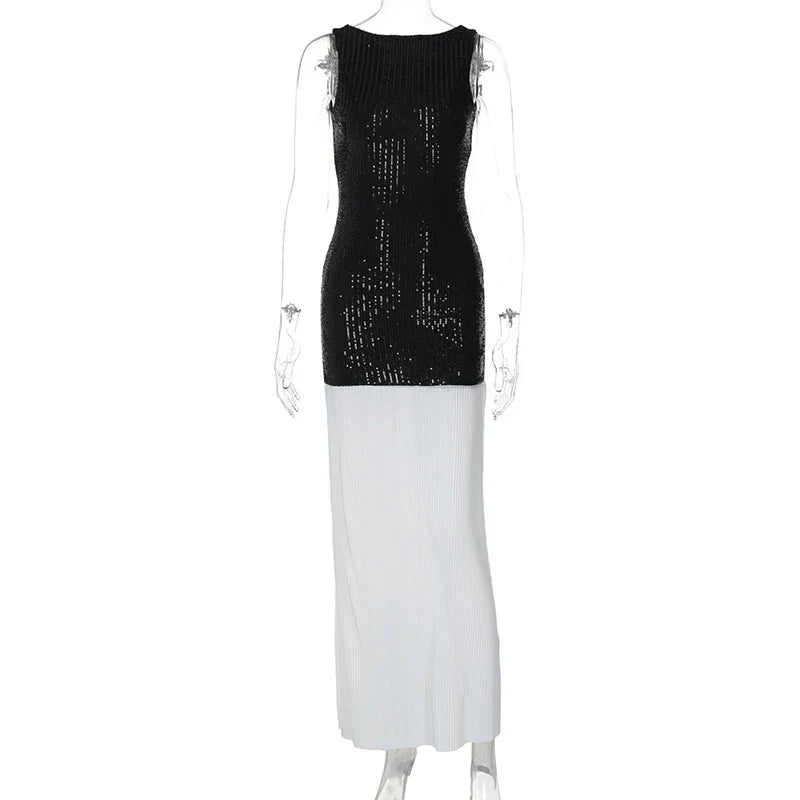 Sequined Patchwork Backless Long Dress
