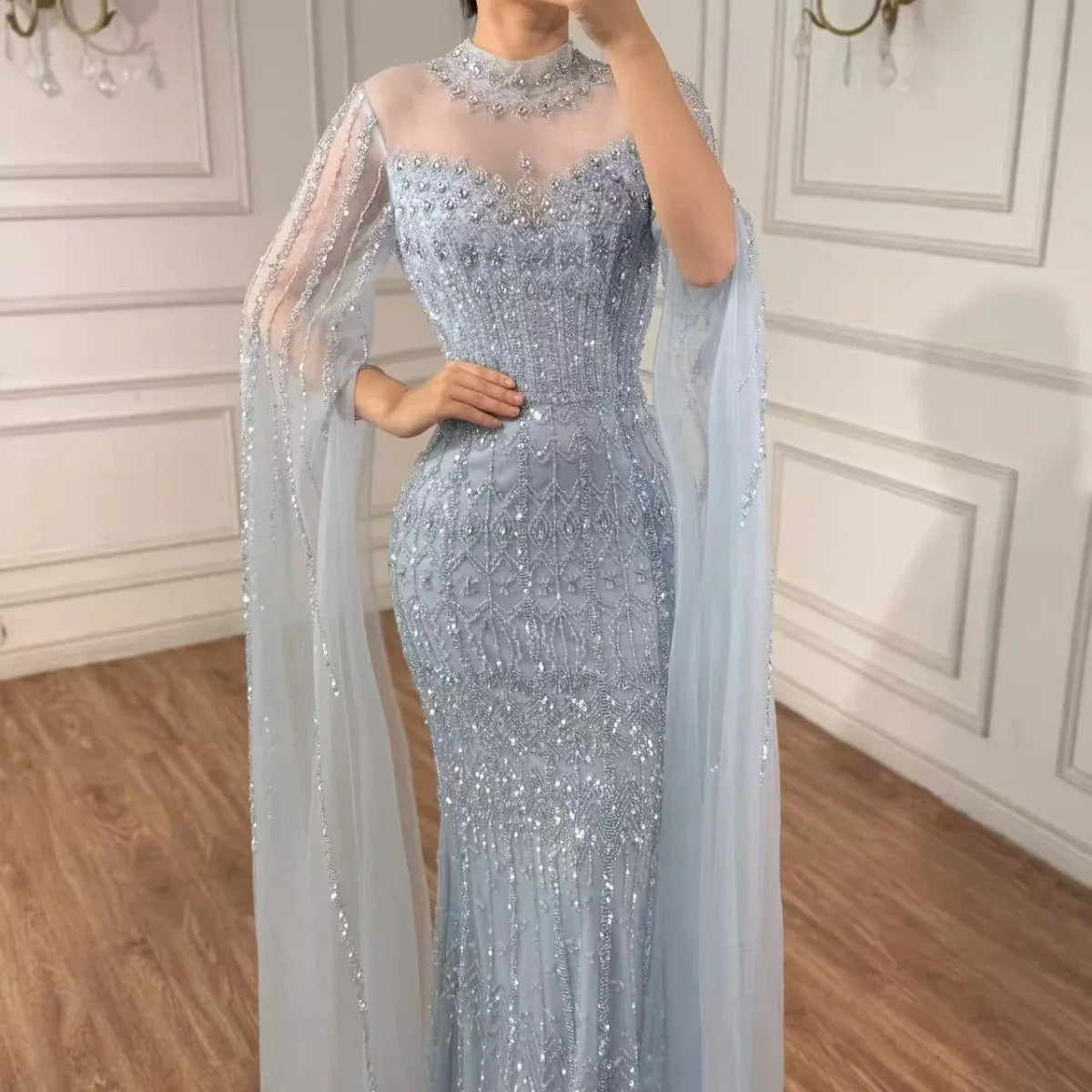 Zapdress Customized Turquoise Beaded Mermaid Evening Dress with Cape Sleeves 2026 Formal Party Gowns for Women DLA72714AA (ZD17229)