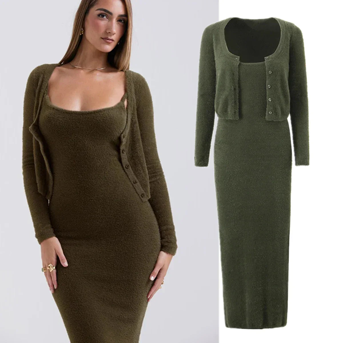Knitted Cardigan With Camisole Dress Two - piece Set