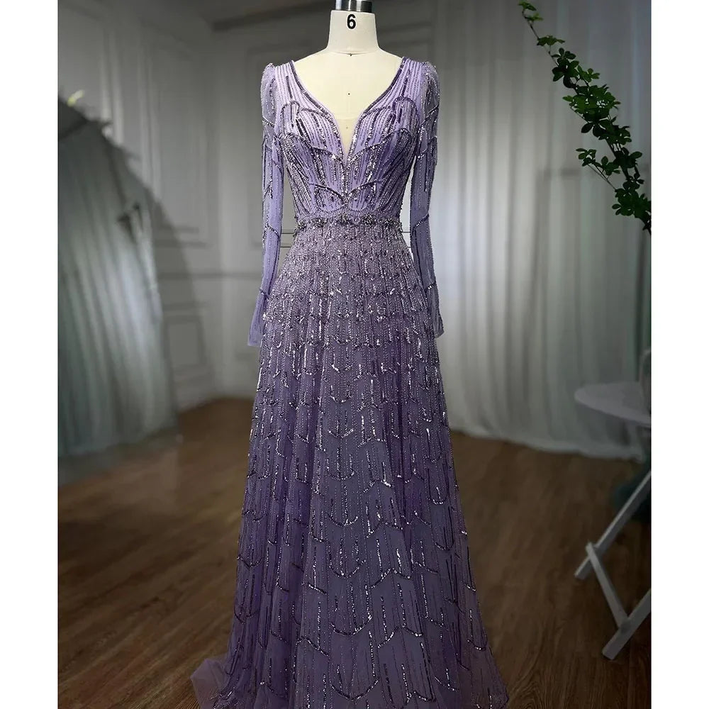 Zapdress Customized Turquoise Muslim Long Sleeve A Line V-Neck Evening Dresses Beaded Party Gowns For Women 2025 (ZD17333)