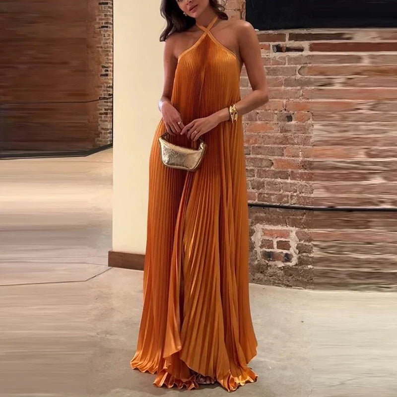 Rib Pleated Lace-up Maxi Dress - VelvetHem
