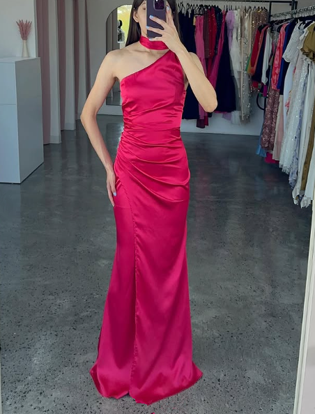 Elegant One Shoulder Hot Pink Satin Sheath Prom Dress Long Evening Dress Y8419 - VelvetHem