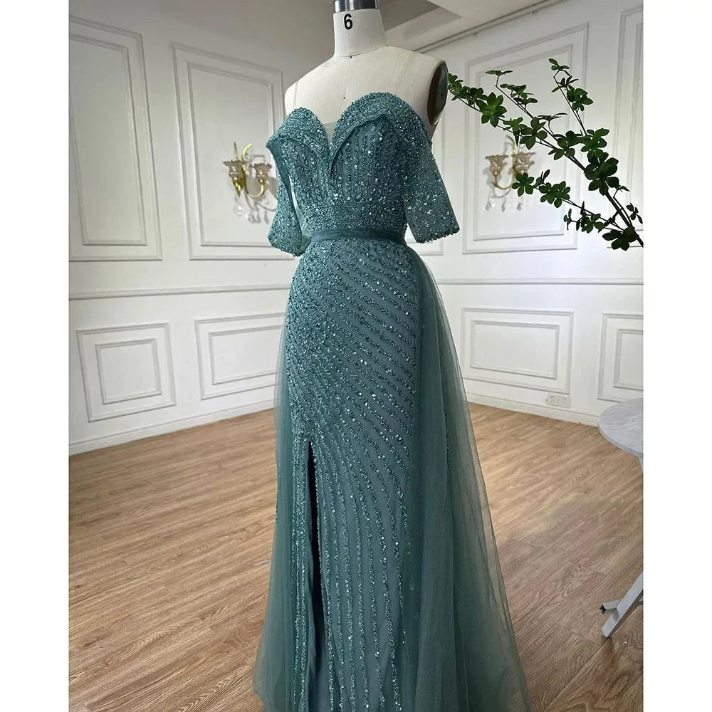 Zapdress Customized Turquoise Off Shoulder Mermaid Beaded Evening Dresses Overskirt Split Party Gowns for Women rts (ZD17345)