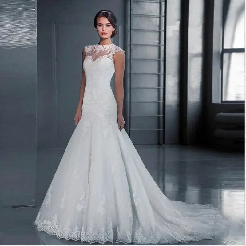 Appliques Vestido De Noiva Vintage Backless Mermaid Wedding Dresses O-neck Vestidos De Novia Lace Robe De Mariée (ZD14068)