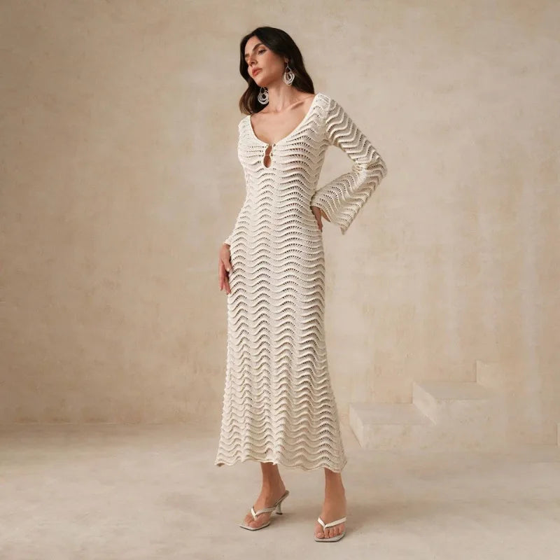 Knit Hollow - Out Loose Patchwork Lace - Up Summer Dress