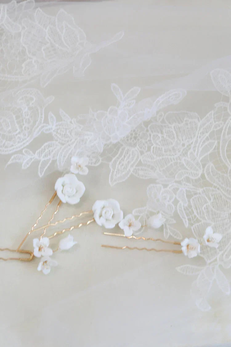 Gold Color Hair Clip Pins Porcelain Rose Flower Hairpins For Brides Bridesmaids Headpieces Bridal Jewelry Wedding Accessories