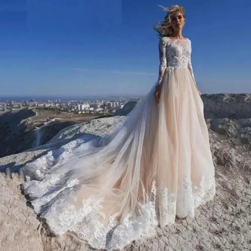 Elegent Travel Vestidos De Novia Appliques Vestido De Noiva Long Sleeves Wedding Dresses Lace Robe De Mariée (ZD14037)