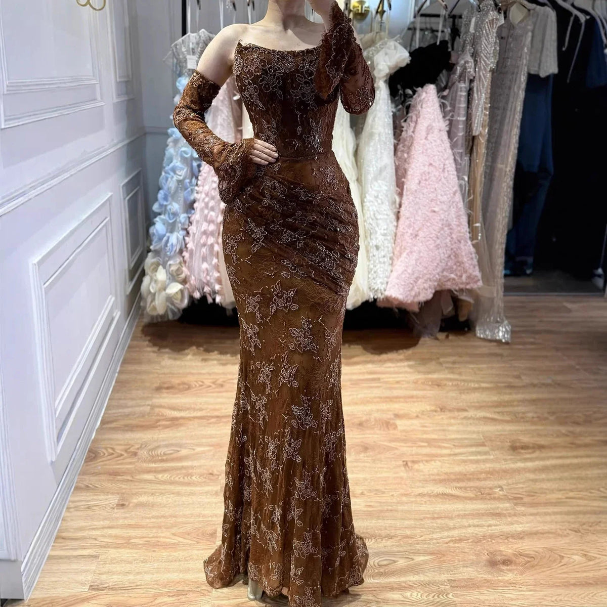 Zapdress Brown Lace Evening Gown Elegant Mermaid Ruched Slim Fit Party Dress for Women DLA73484 Customized (ZD17257)