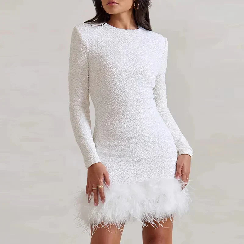 Long Sleeve Slim Sequins Feather Dress